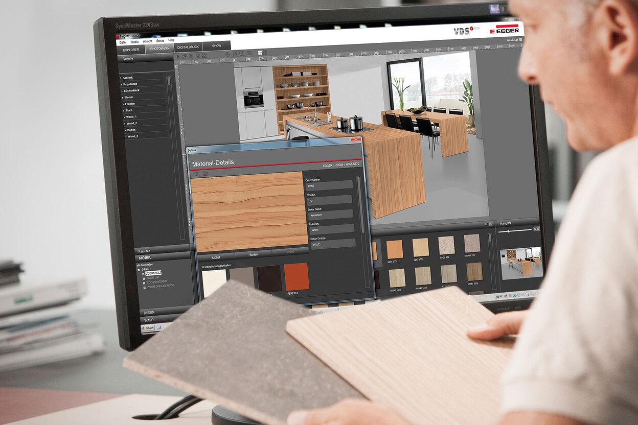 Abw&auml;gen von Holzmaterialien und Farben durch Tischler w&auml;hrend einer 3D K&uuml;chenplanung